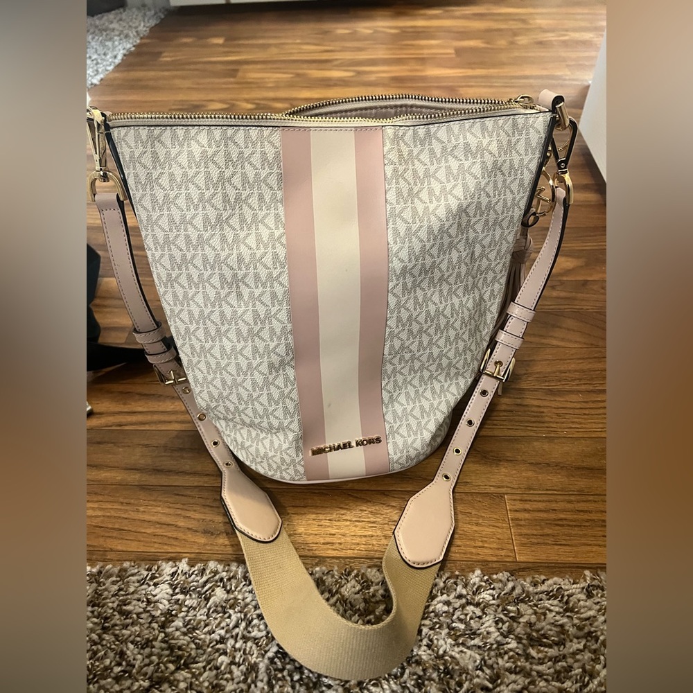 Michael Kors Pink and White Signature Stripe Shoulder Bag